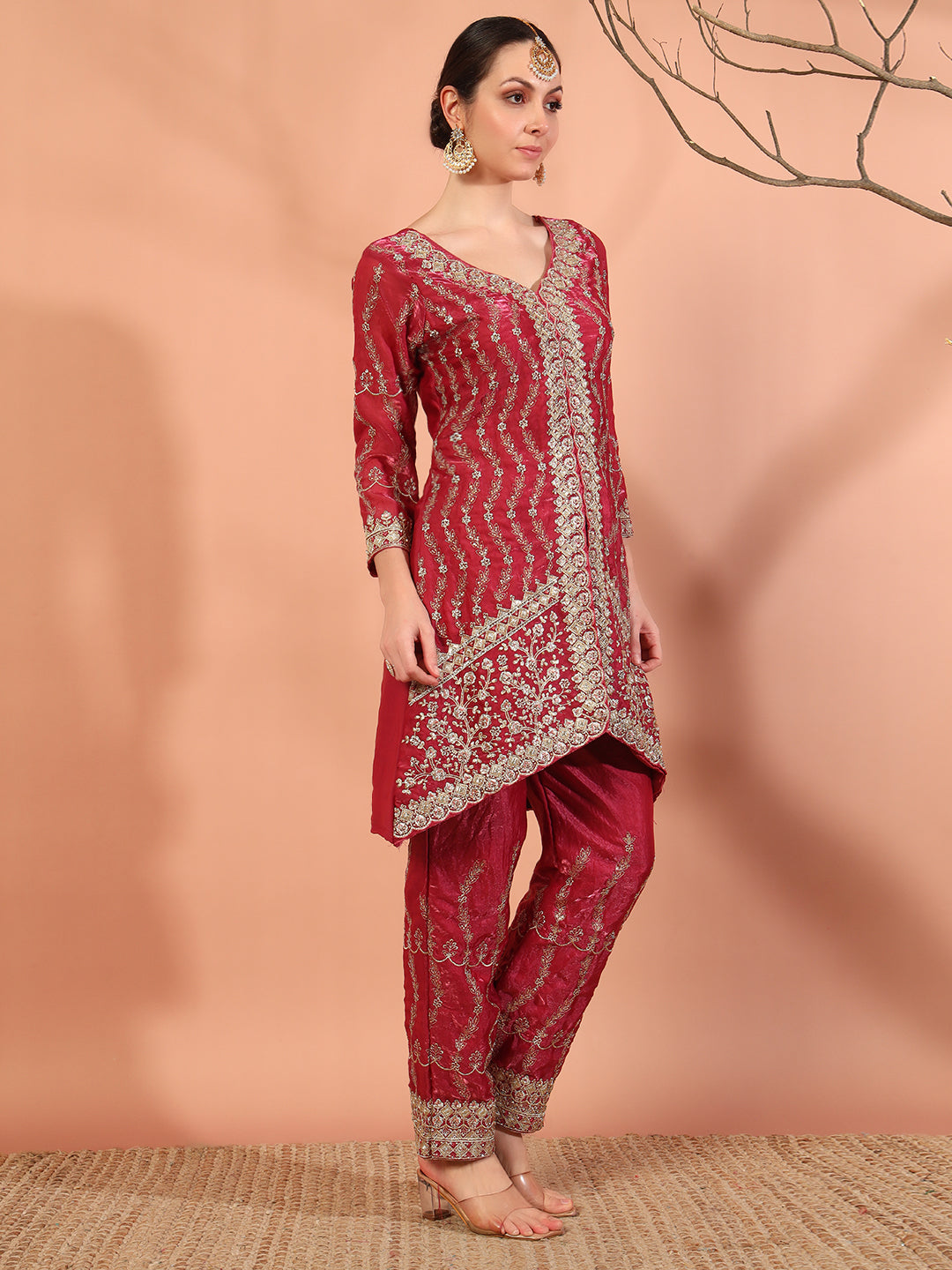 Zari Beads & Sequin Embellished Jacket Kurta Pant Set with Embroidery Dupatta