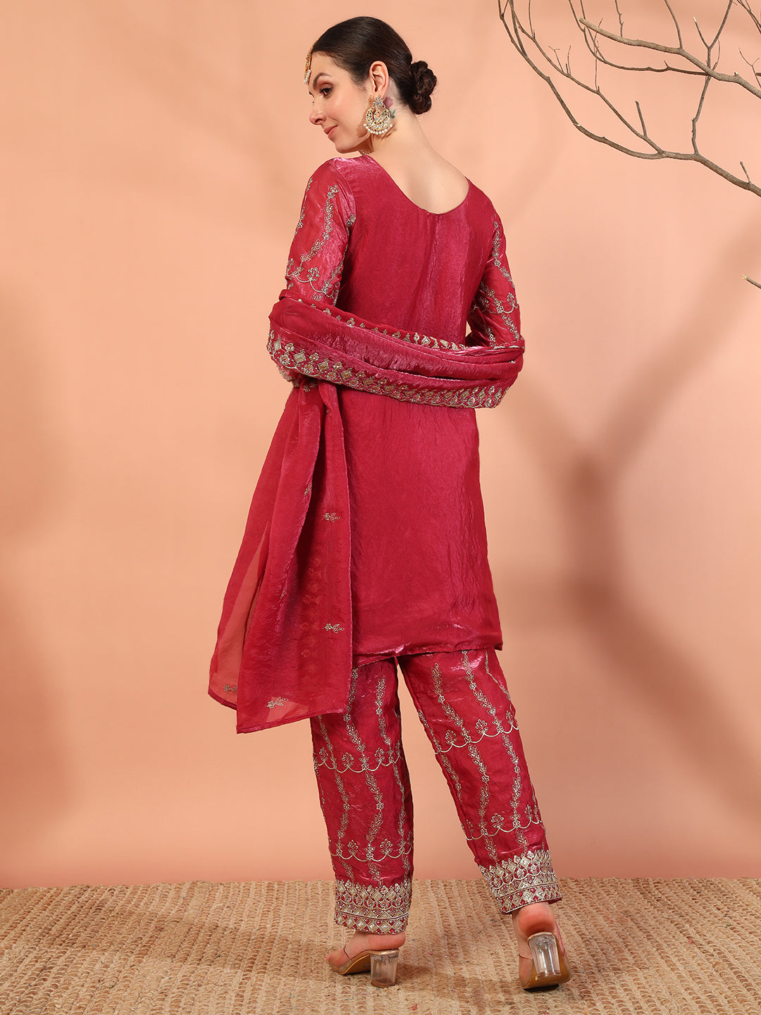 Zari Beads & Sequin Embellished Jacket Kurta Pant Set with Embroidery Dupatta