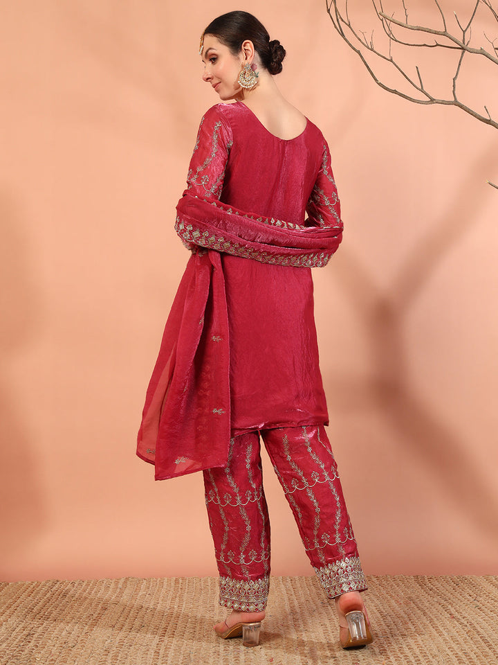 Zari Beads & Sequin Embellished Jacket Kurta Pant Set with Embroidery Dupatta