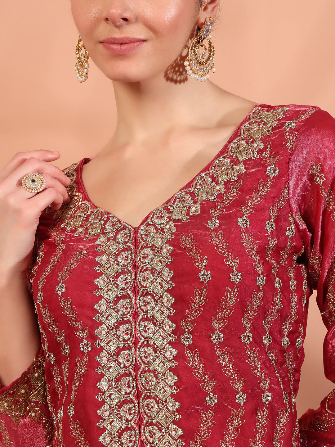 Zari Beads & Sequin Embellished Jacket Kurta Pant Set with Embroidery Dupatta