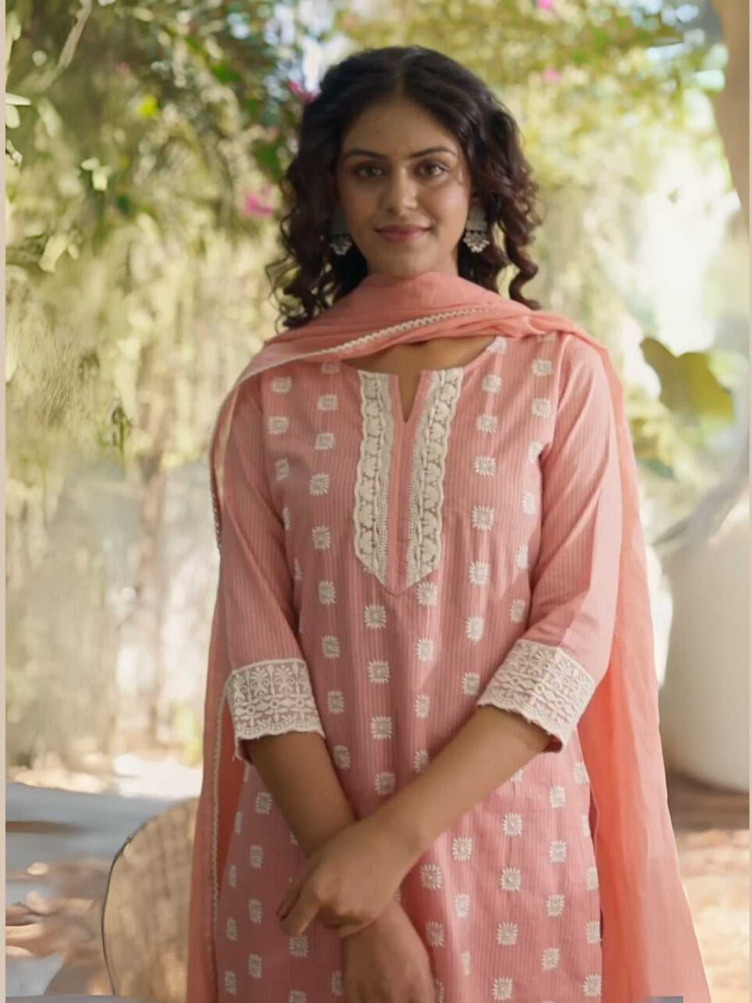 Resham Thread Embroidered Kurta Set with Schiffli Laces, Floral Motifs & Chiffon Dupatta