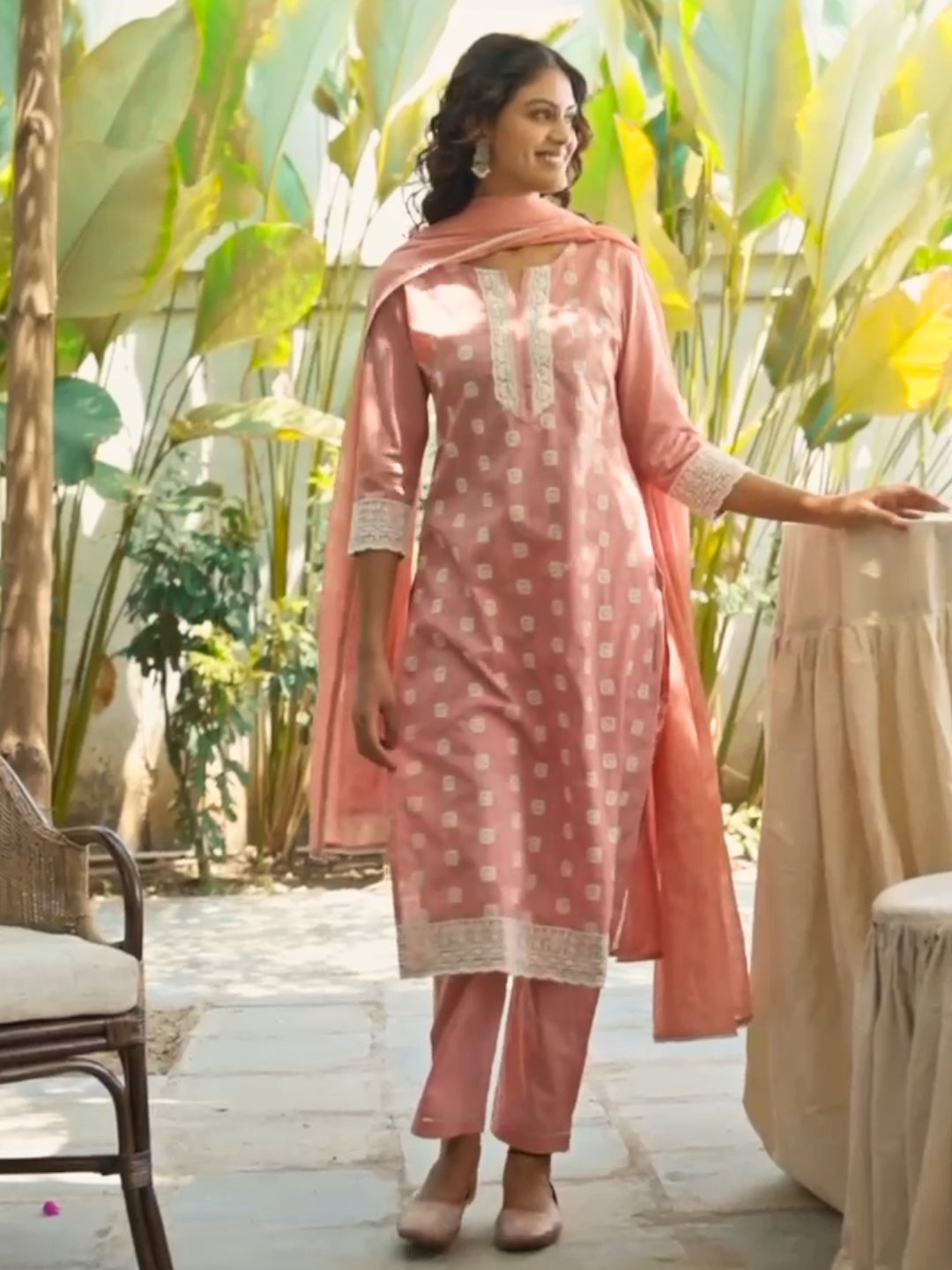 Resham Thread Embroidered Kurta Set with Schiffli Laces, Floral Motifs & Chiffon Dupatta