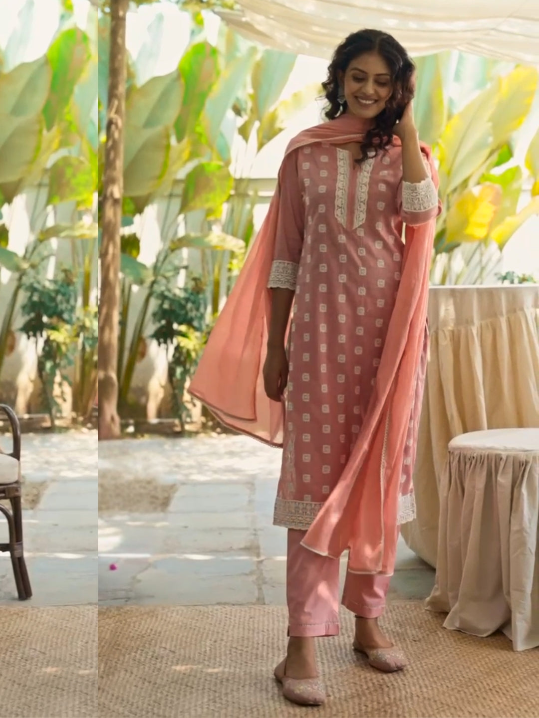 Resham Thread Embroidered Kurta Set with Schiffli Laces, Floral Motifs & Chiffon Dupatta