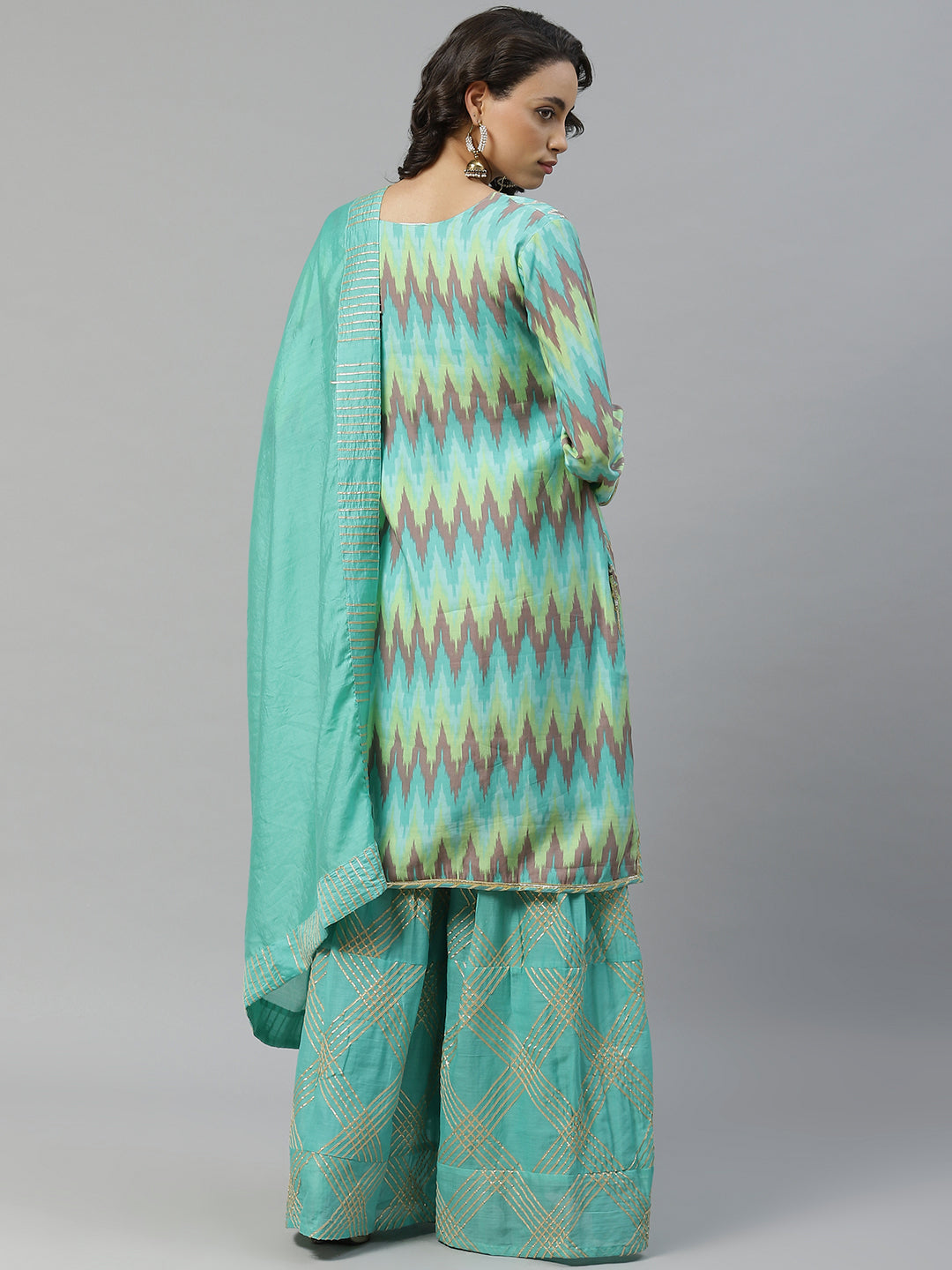 Made to Measure Teal Green Cotton Gotta Patti Geomectrical Embroidery Kurta, Readymade Sharara Set with Cotton Dupatta