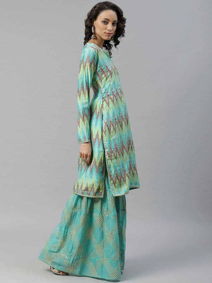 Made to Measure Teal Green Cotton Gotta Patti Geomectrical Embroidery Kurta, Readymade Sharara Set with Cotton Dupatta