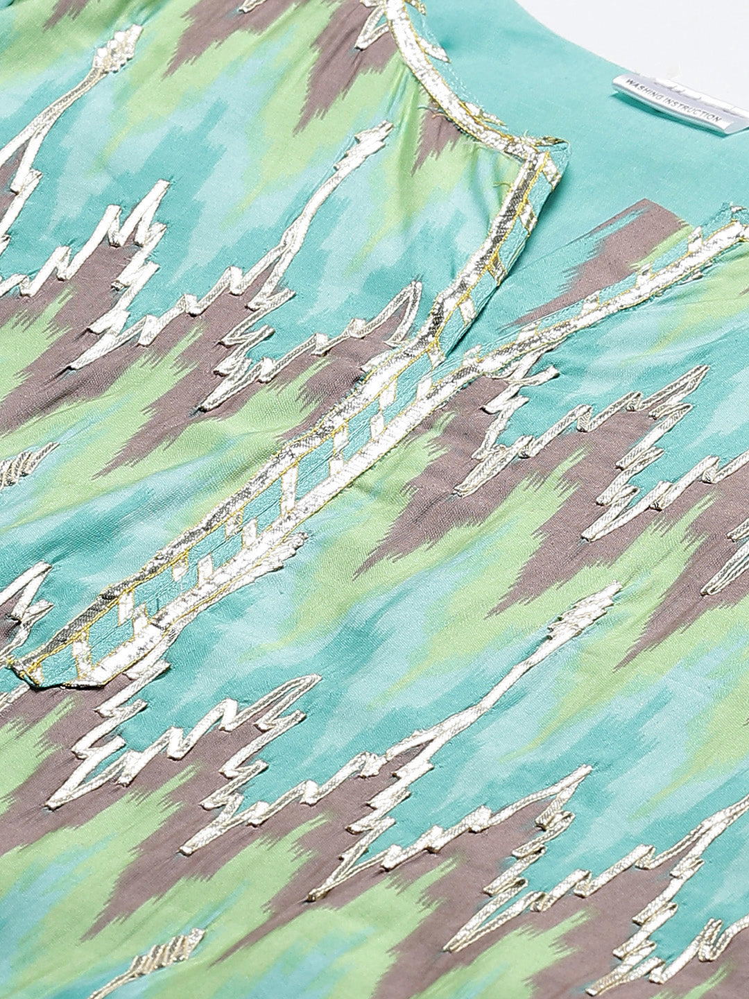 Made to Measure Teal Green Cotton Gotta Patti Geomectrical Embroidery Kurta, Readymade Sharara Set with Cotton Dupatta