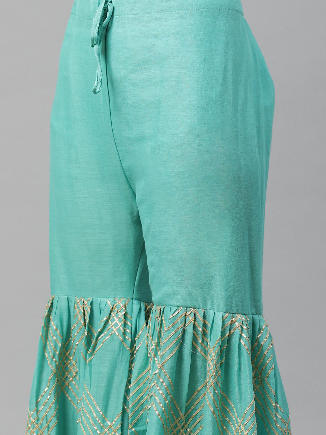 Made to Measure Teal Green Cotton Gotta Patti Geomectrical Embroidery Kurta, Readymade Sharara Set with Cotton Dupatta