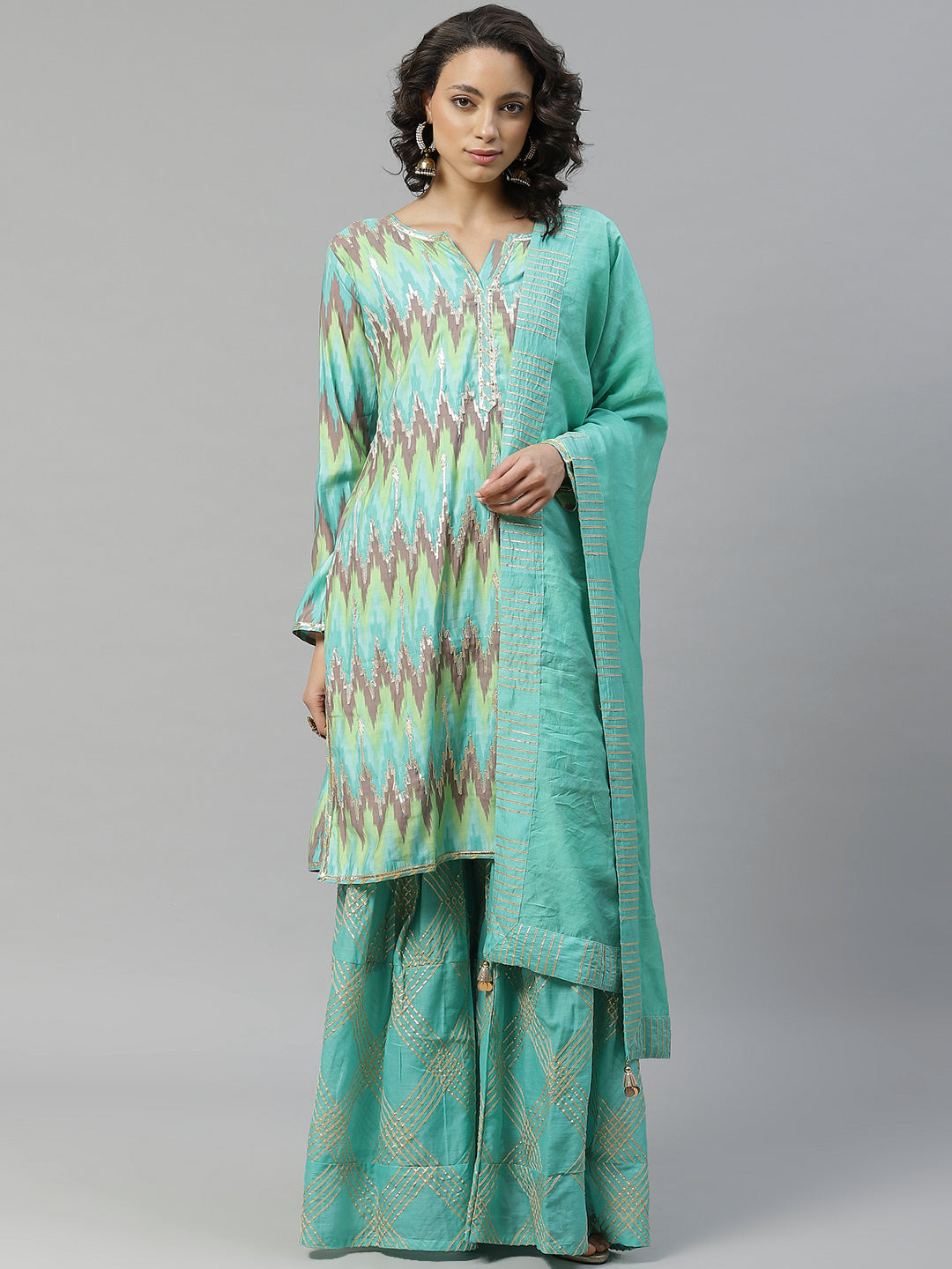 Made to Measure Teal Green Cotton Gotta Patti Geomectrical Embroidery Kurta, Readymade Sharara Set with Cotton Dupatta