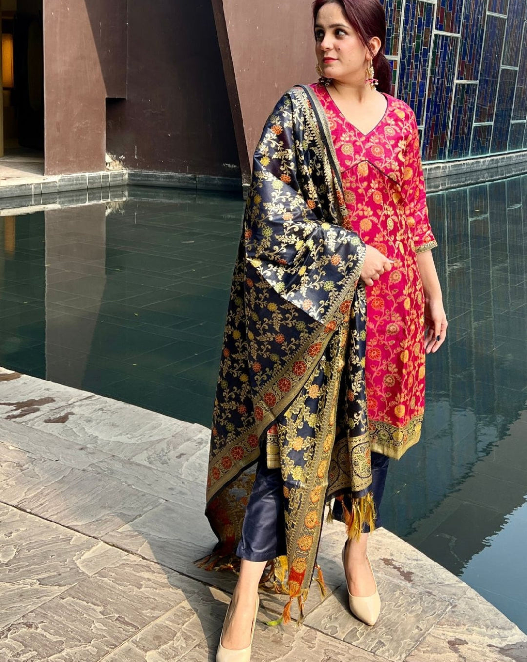 Colorblocked Banarasi Silk Suit Dupatta with Floral Meenakari Weaving