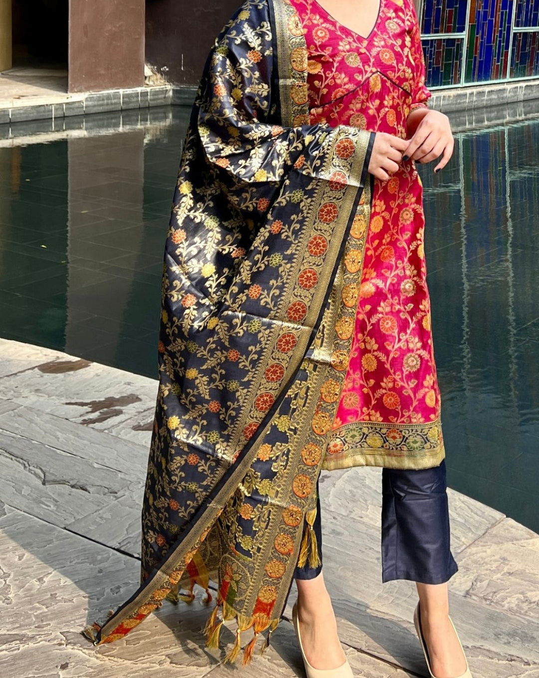 Colorblocked Banarasi Silk Suit Dupatta with Floral Meenakari Weaving