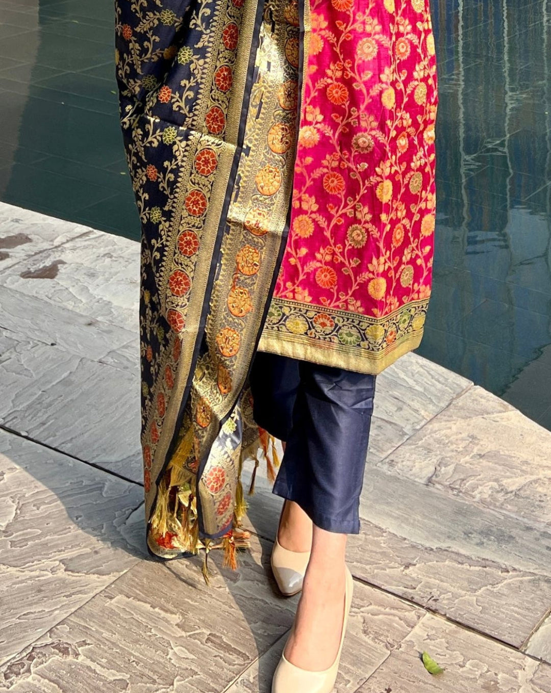 Colorblocked Banarasi Silk Suit Dupatta with Floral Meenakari Weaving
