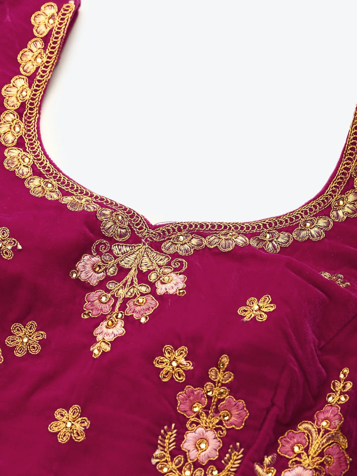 Magenta Velvet Bridal Semi-Stitched Lehenga Set with Gold Zari & Pearl Heavy Embroidery
