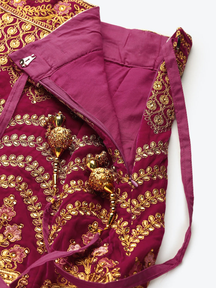 Magenta Velvet Bridal Semi-Stitched Lehenga Set with Gold Zari & Pearl Heavy Embroidery