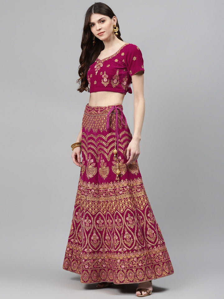 Magenta Velvet Bridal Semi-Stitched Lehenga Set with Gold Zari & Pearl Heavy Embroidery