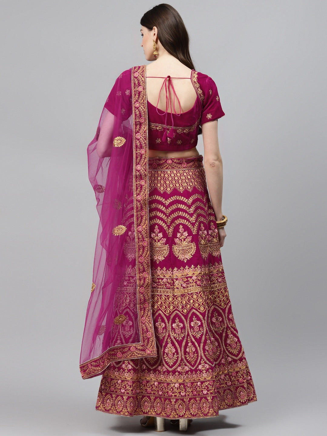 Magenta Velvet Bridal Semi-Stitched Lehenga Set with Gold Zari & Pearl Heavy Embroidery