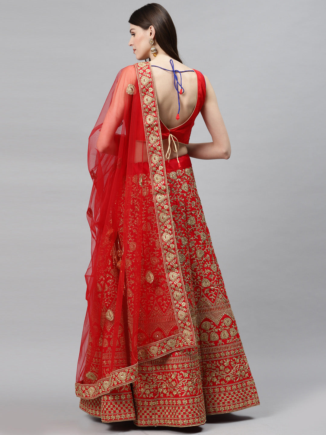 Bridal Semi-stitched Lehenga Set with Mughal Motif Embroidery & Crystal Embellishments