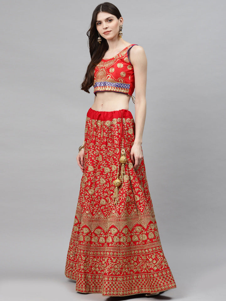 Bridal Semi-stitched Lehenga Set with Mughal Motif Embroidery & Crystal Embellishments