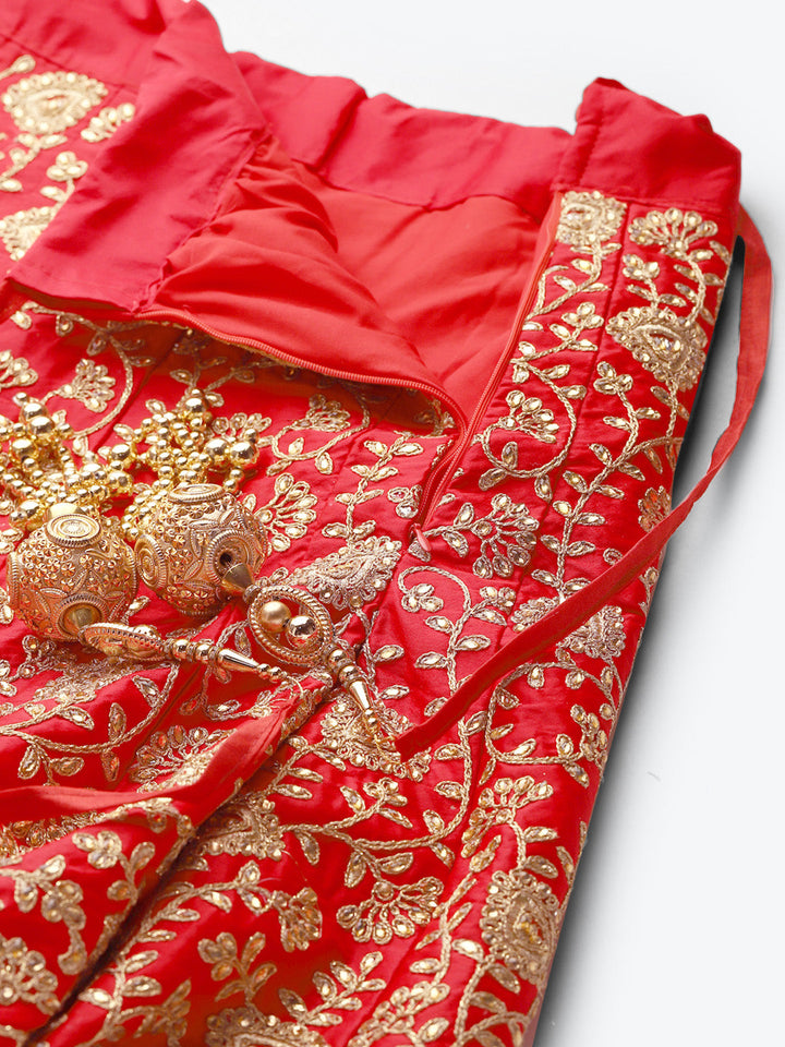 Bridal Semi-stitched Lehenga Set with Mughal Motif Embroidery & Crystal Embellishments