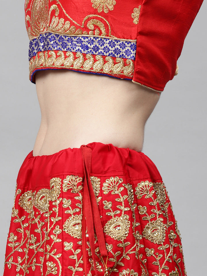 Bridal Semi-stitched Lehenga Set with Mughal Motif Embroidery & Crystal Embellishments