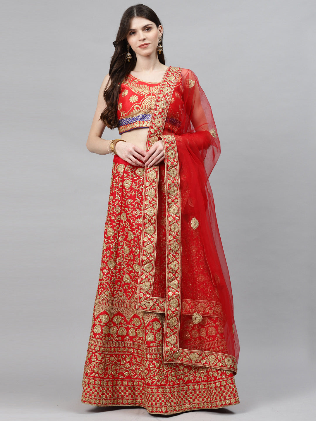 Bridal Semi-stitched Lehenga Set with Mughal Motif Embroidery & Crystal Embellishments