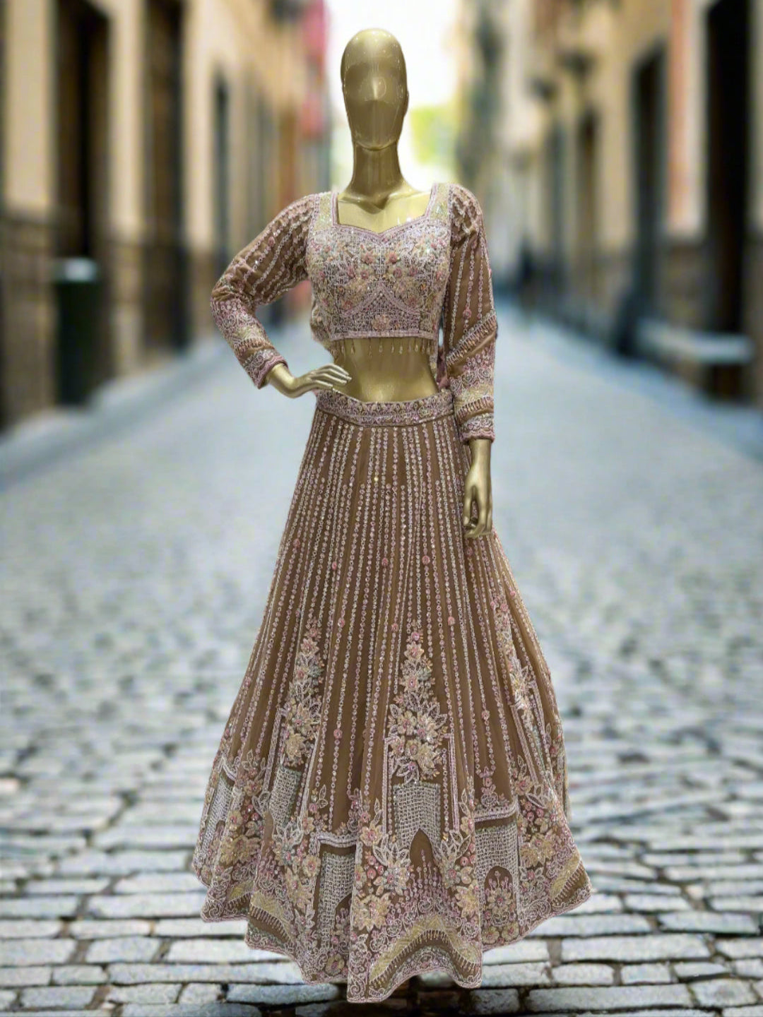 Mocha Brown Embroidered Readymade Lehenga
