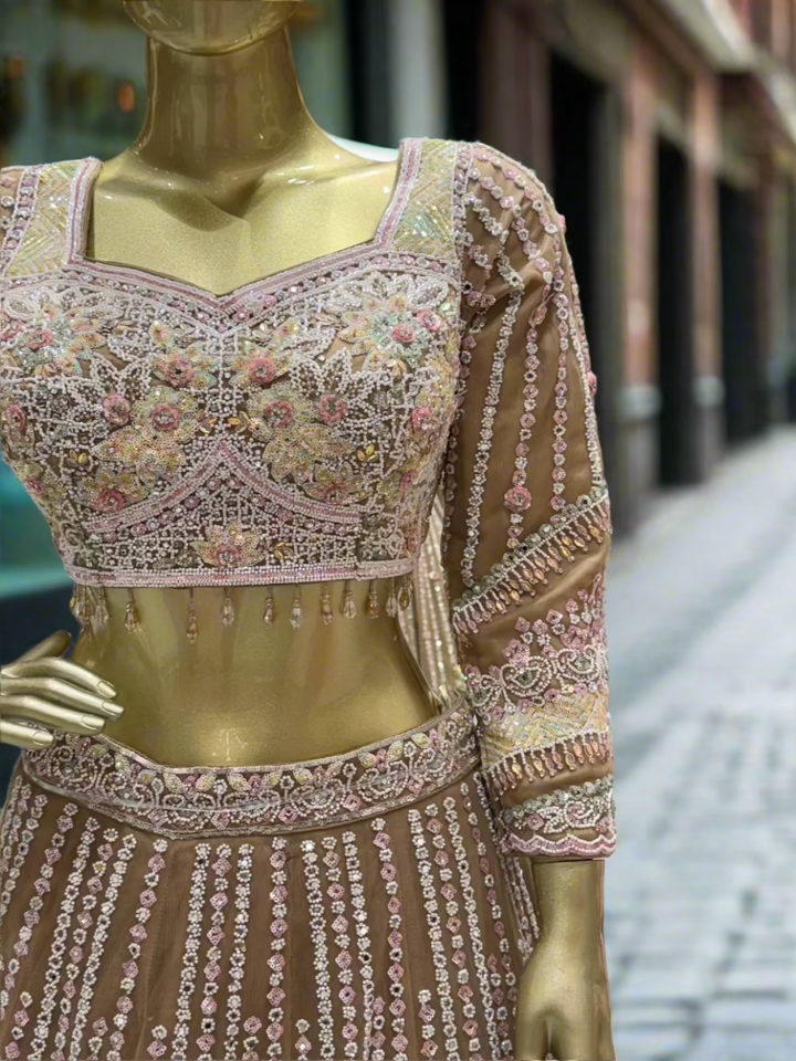 Mocha Brown Embroidered Readymade Lehenga