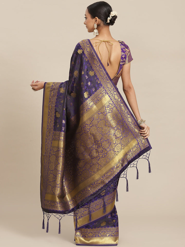 Purple and Black Banarasi Jamdani Handloom Silk Saree & Zari Floral Motifs