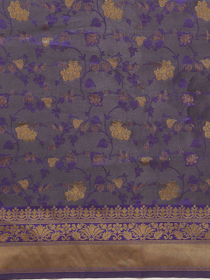 Purple and Black Banarasi Jamdani Handloom Silk Saree & Zari Floral Motifs