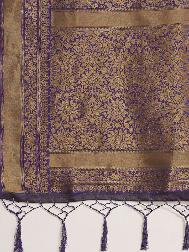 Purple and Black Banarasi Jamdani Handloom Silk Saree & Zari Floral Motifs