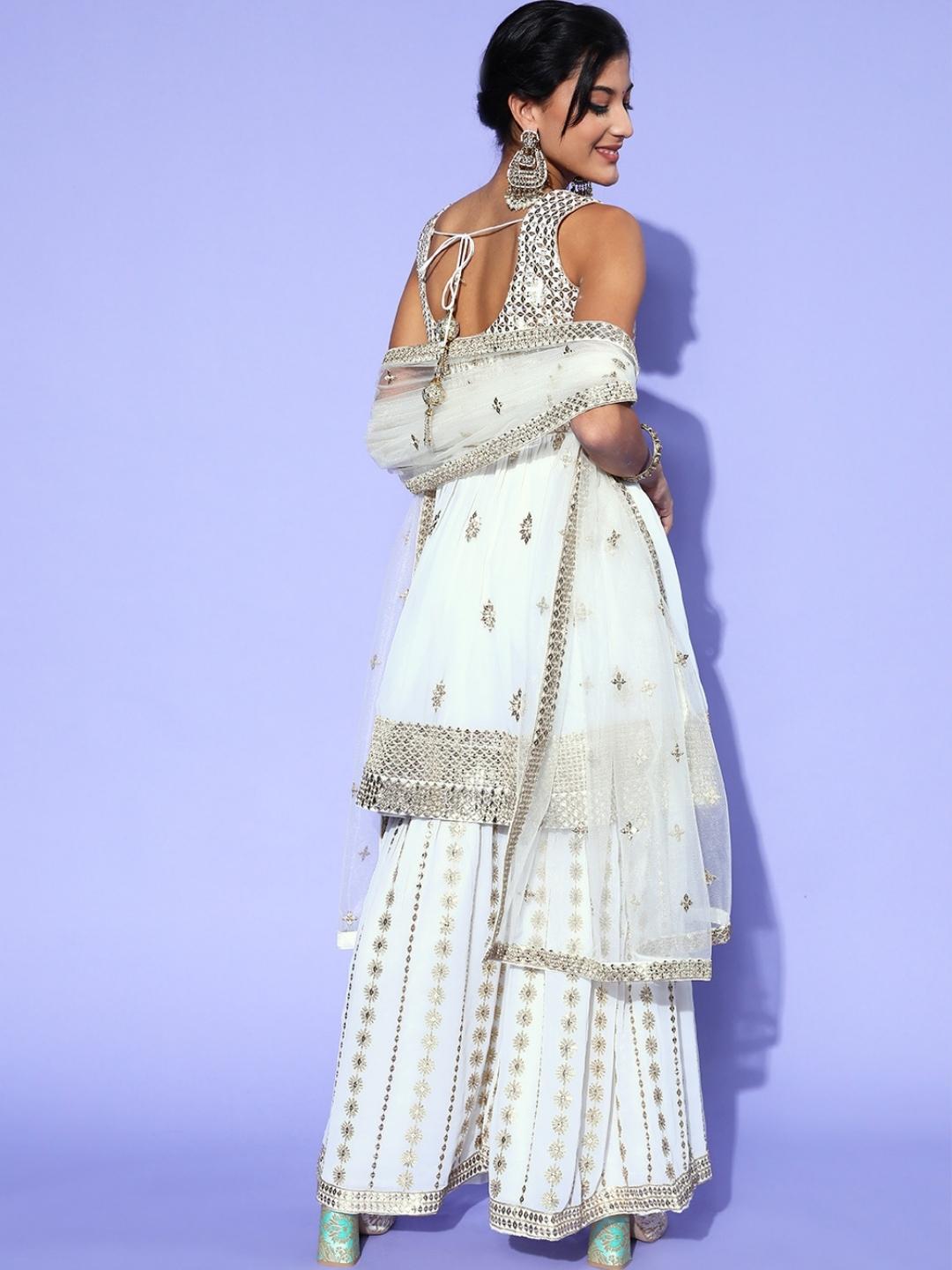 Cream Sequin & Zari Embroidered Peplum Kurta Sharara Set