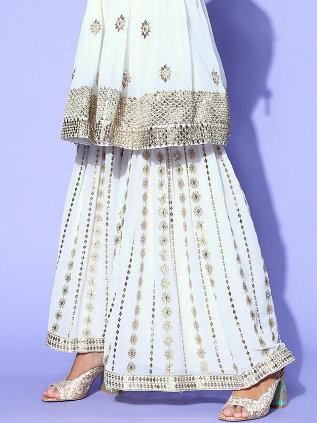 Cream Sequin & Zari Embroidered Peplum Kurta Sharara Set