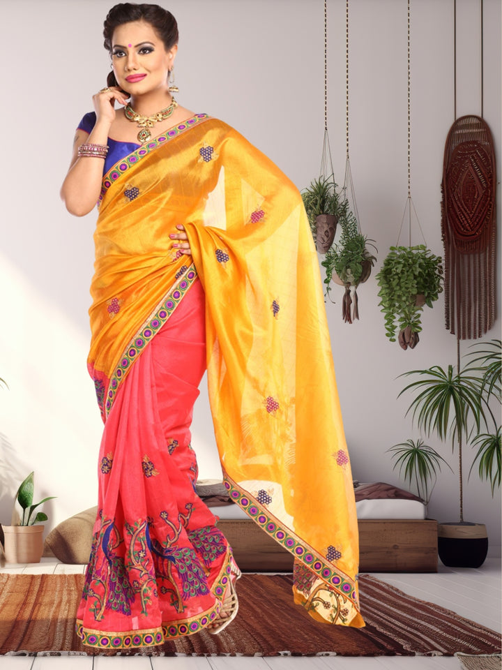 Mustard Yellow & Peach-Coloured Art Silk Woven Design Saree
