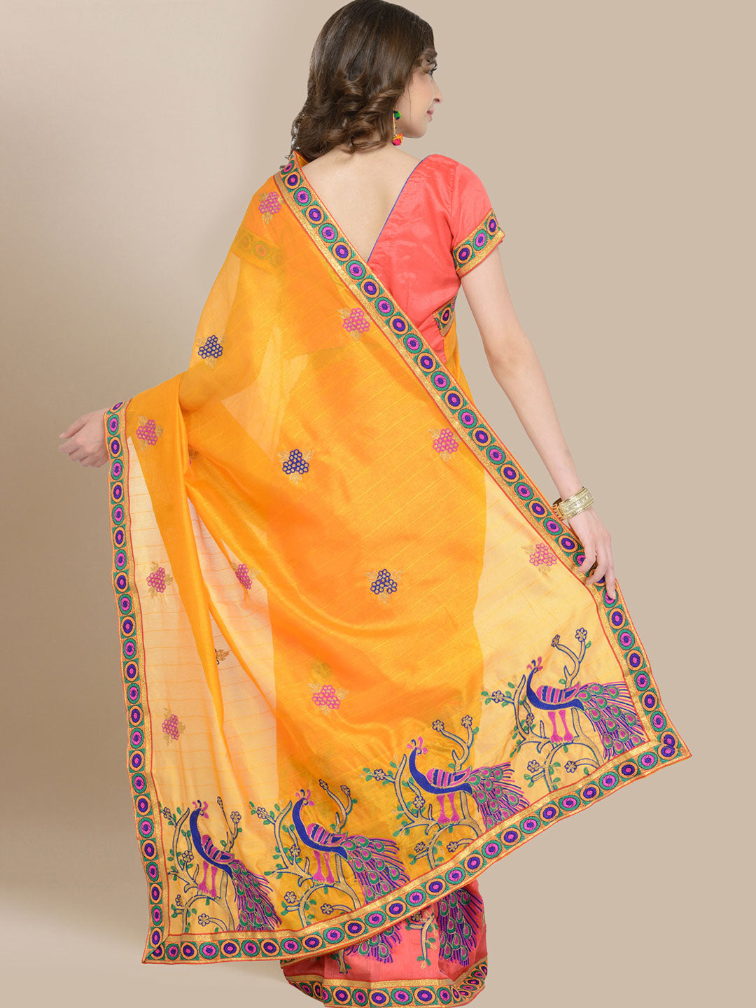 Mustard Yellow & Peach-Coloured Art Silk Woven Design Saree