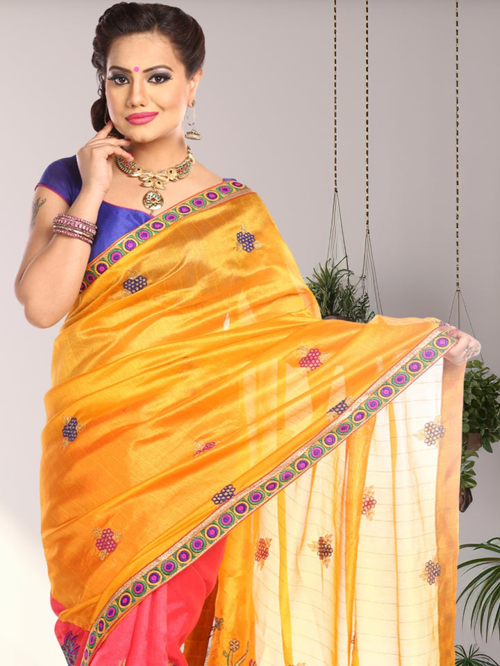 Mustard Yellow & Peach-Coloured Art Silk Woven Design Saree