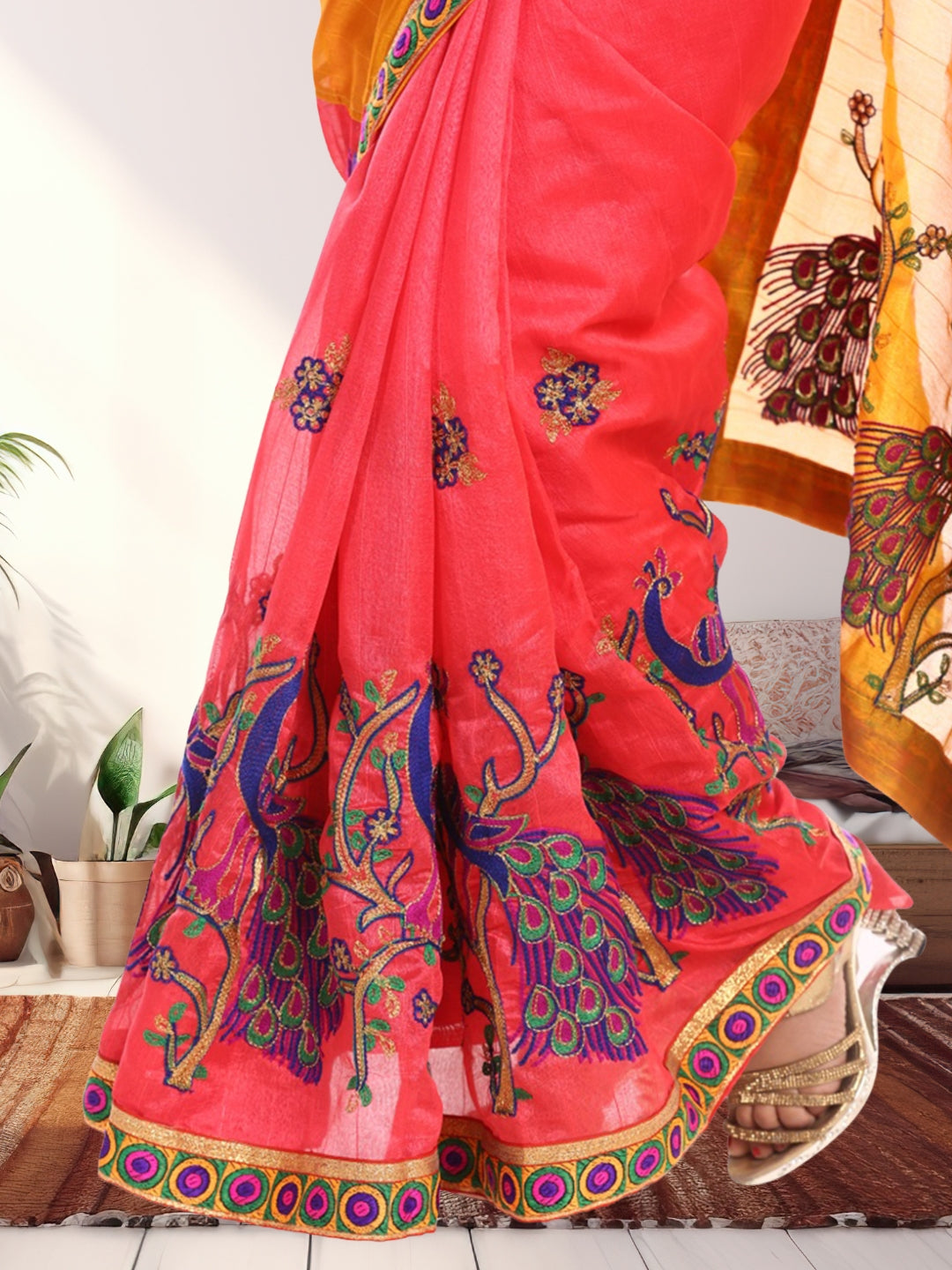 Mustard Yellow & Peach-Coloured Art Silk Woven Design Saree