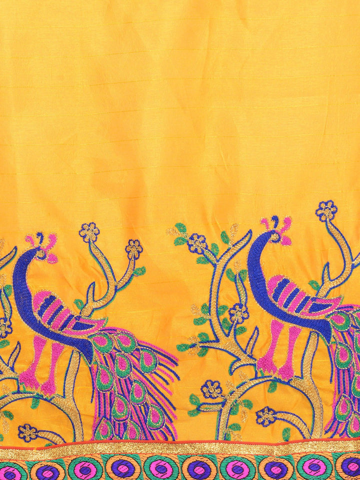 Mustard Yellow & Peach-Coloured Art Silk Woven Design Saree