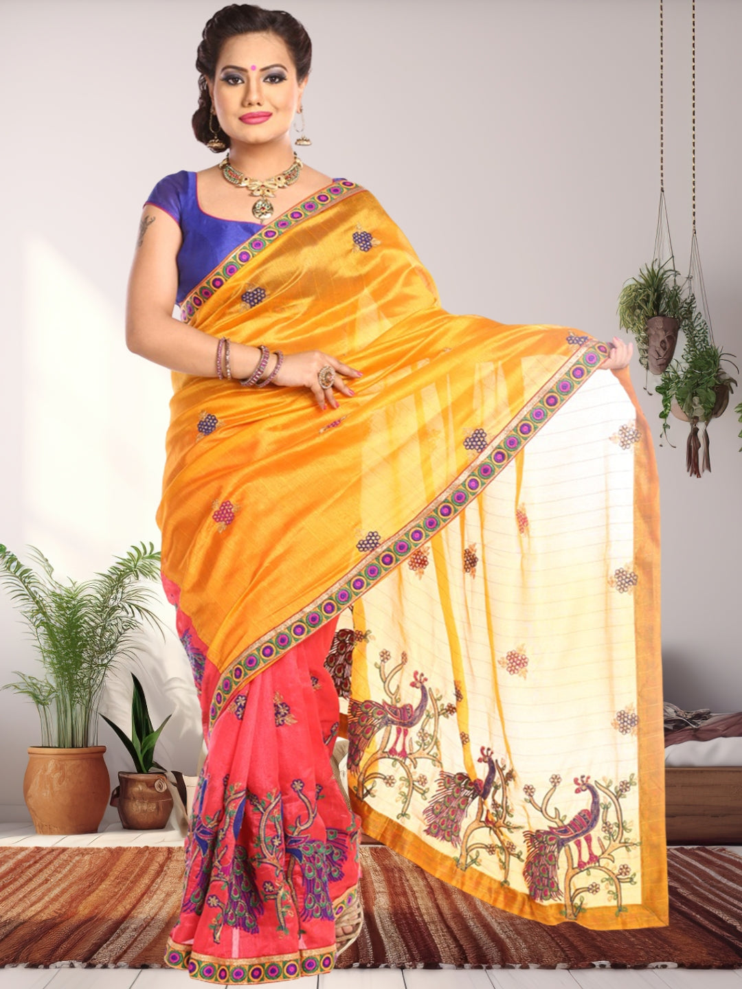 Mustard Yellow & Peach-Coloured Art Silk Woven Design Saree