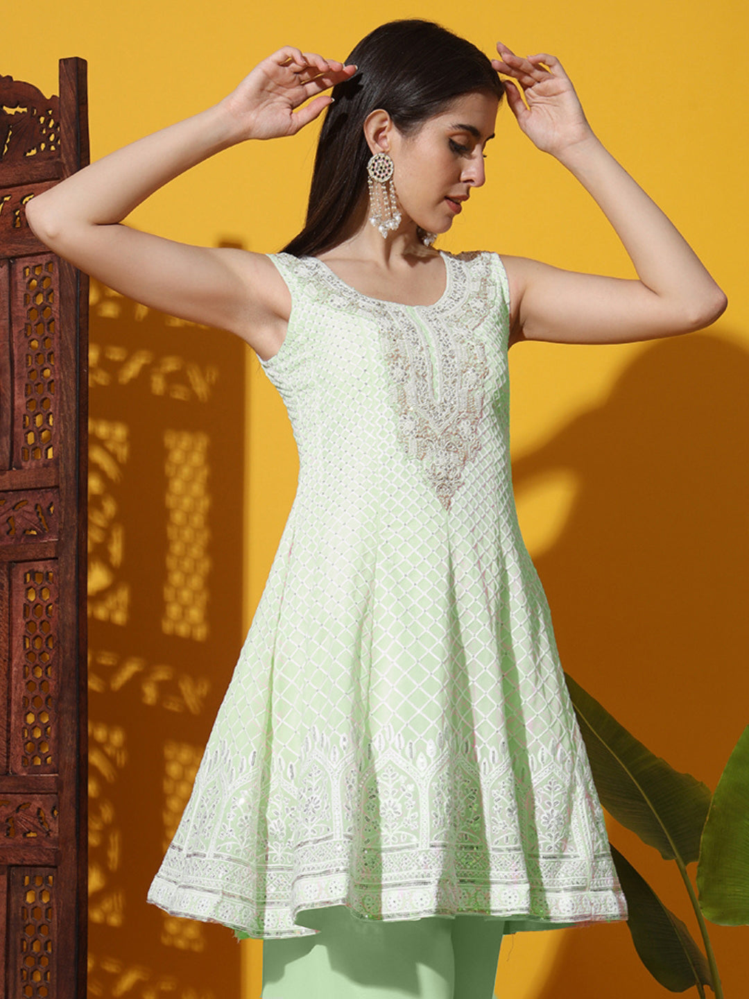 Pastel Peplum KaLidar Kurta Set with Pearl Bead Embellished Neckline