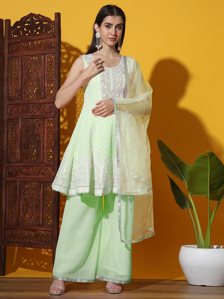 Pastel Peplum KaLidar Kurta Set with Pearl Bead Embellished Neckline