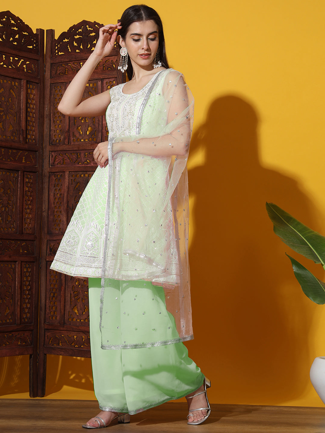 Pastel Peplum KaLidar Kurta Set with Pearl Bead Embellished Neckline