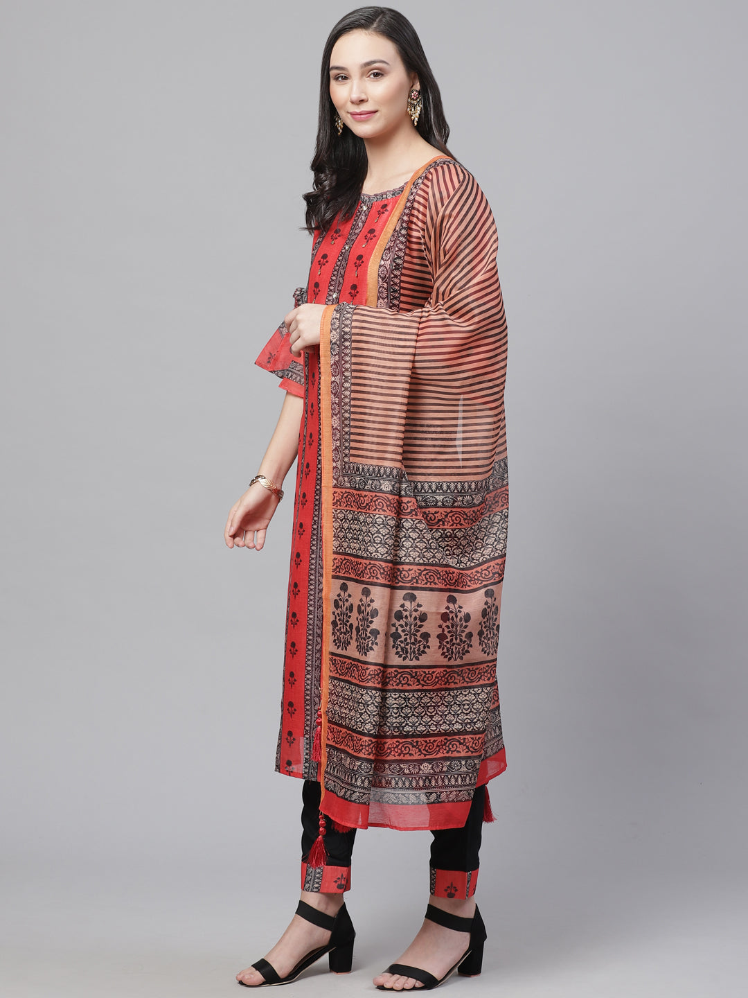 Chanderi Silk Stitched Suit with Digital Handloom & Indie Print with Maheshwari Dupatta