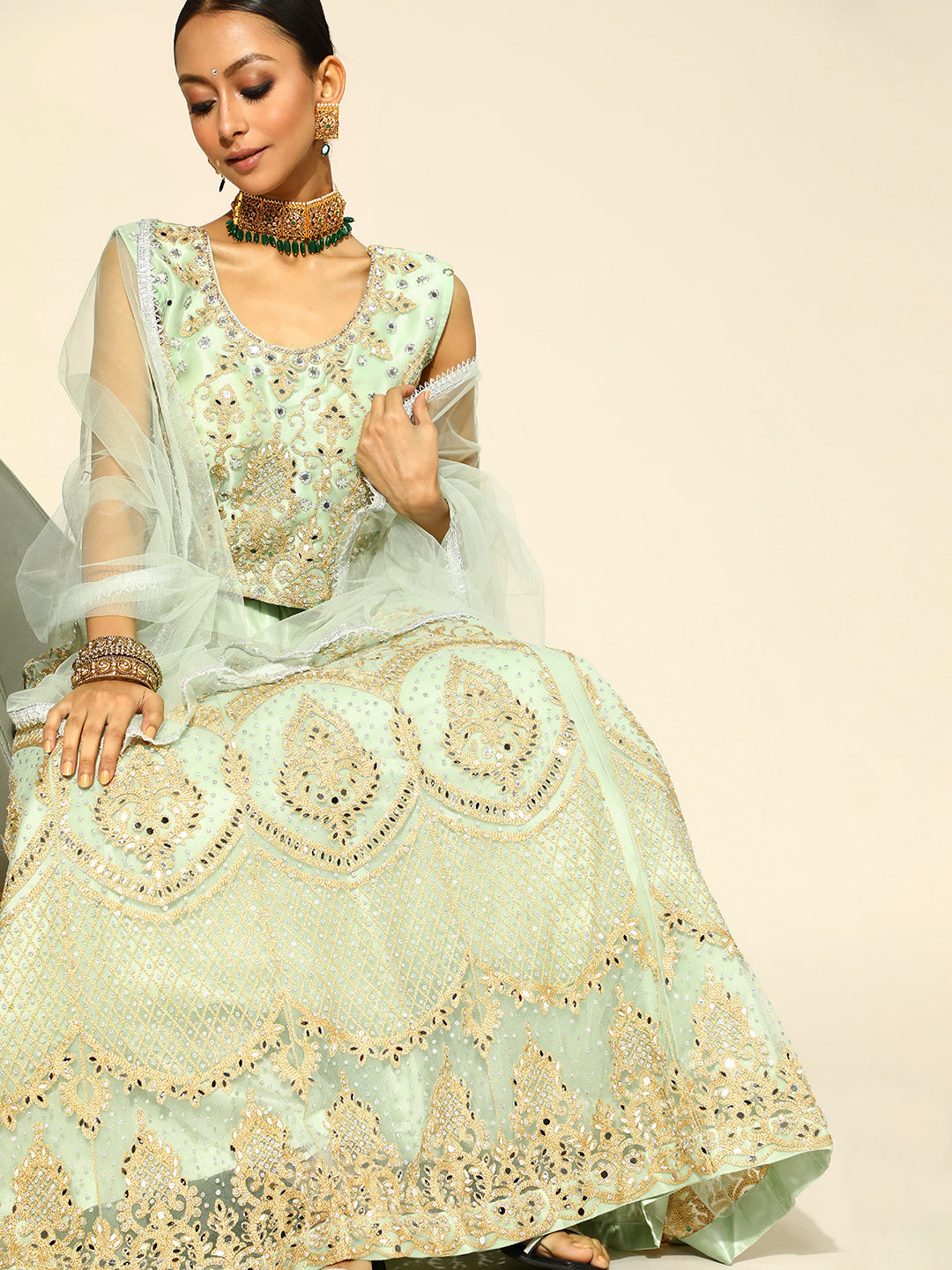 Sea Green Kalidar Mirror & Zari Work Lehanga Choli Set