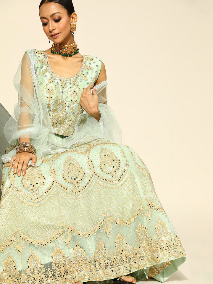 Sea Green Kalidar Mirror & Zari Work Lehanga Choli Set