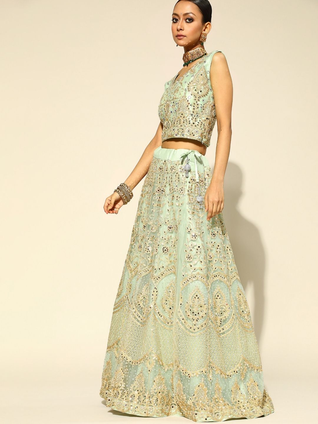 Sea Green Kalidar Mirror & Zari Work Lehanga Choli Set