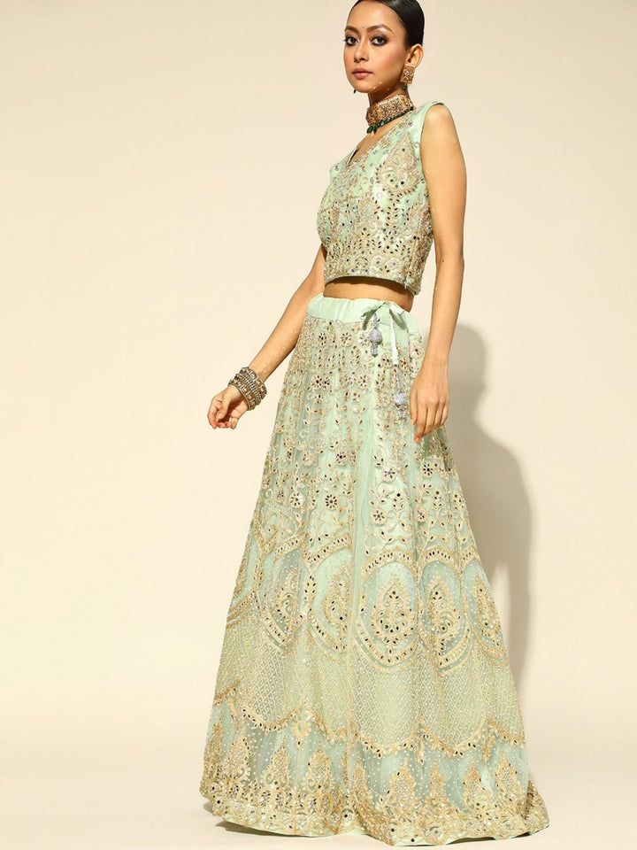 Sea Green Kalidar Mirror & Zari Work Lehanga Choli Set