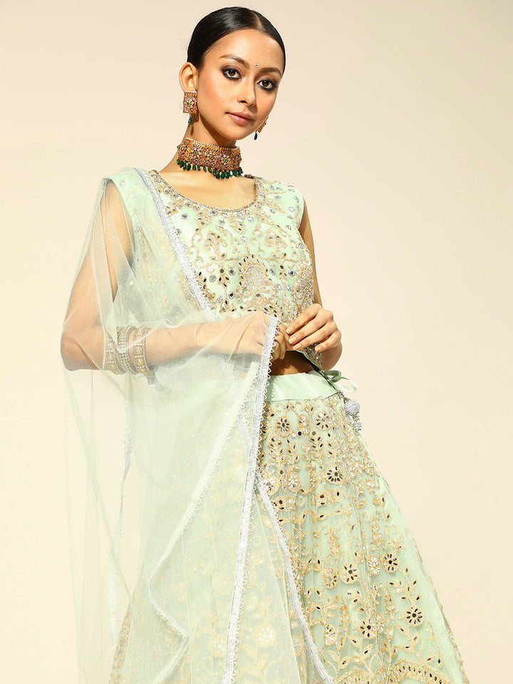Sea Green Kalidar Mirror & Zari Work Lehanga Choli Set