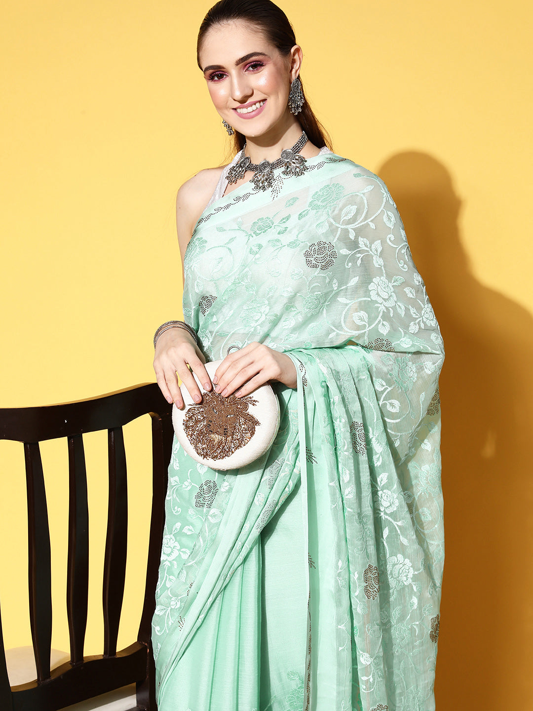 Pastel Green Sequin Embellished Shimmer Georgette Cocktail Saree