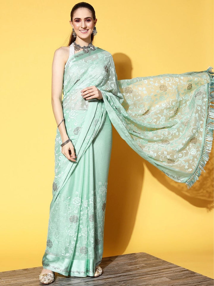 Pastel Green Sequin Embellished Shimmer Georgette Cocktail Saree