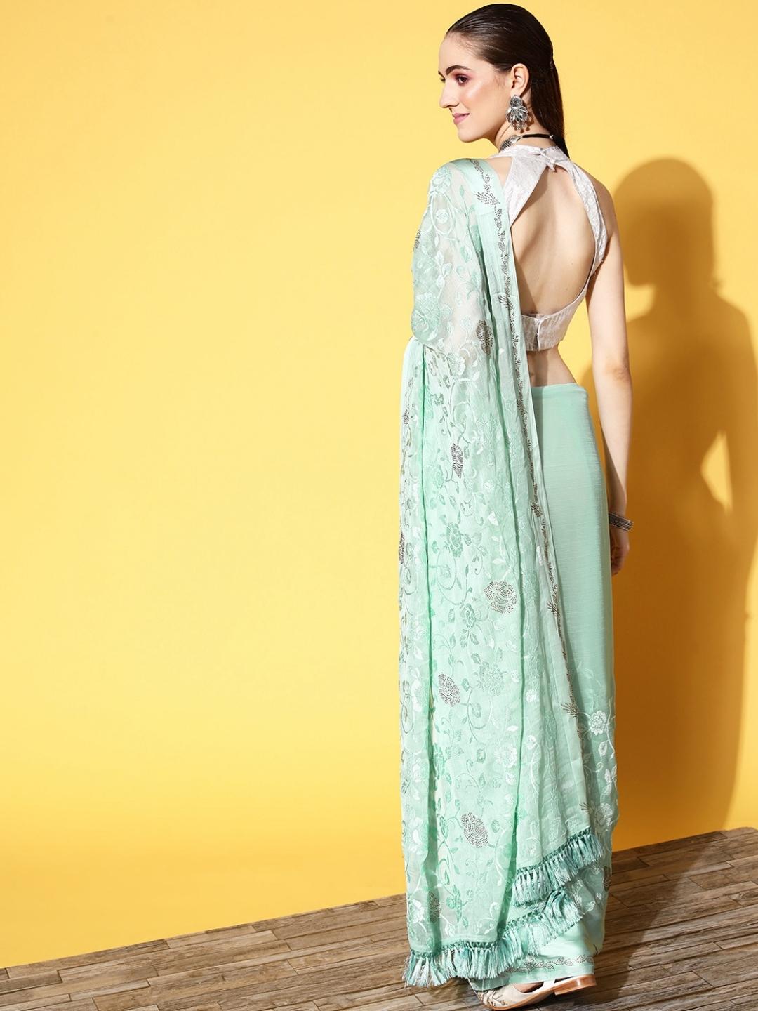 Pastel Green Sequin Embellished Shimmer Georgette Cocktail Saree