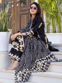 Chhabra 555 Resham Embroidered Tasseled Cotton Kurta Set with Tribal Aztec Print & Striped Dupatta
